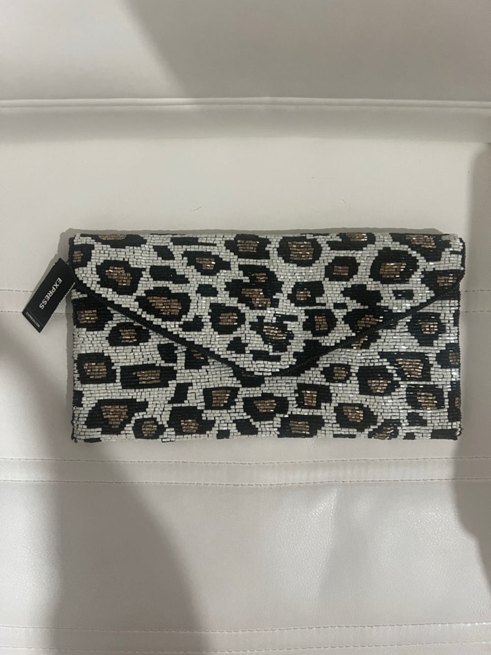 Express Beaded Leopard Envelope Clutch - Black, White & Gold NWT - Picture 2 of 10